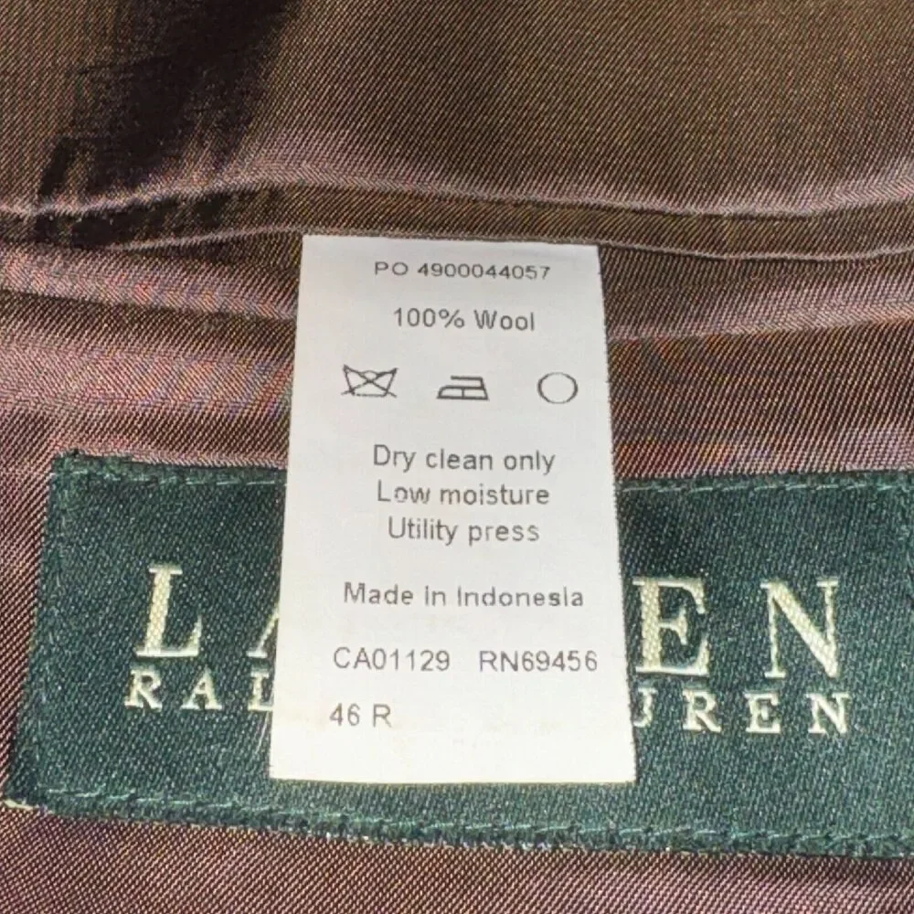 Vtg Lauren Ralph Lauren Blazer Men's Size 46R Brown Plaid 100% Wool 2 Button